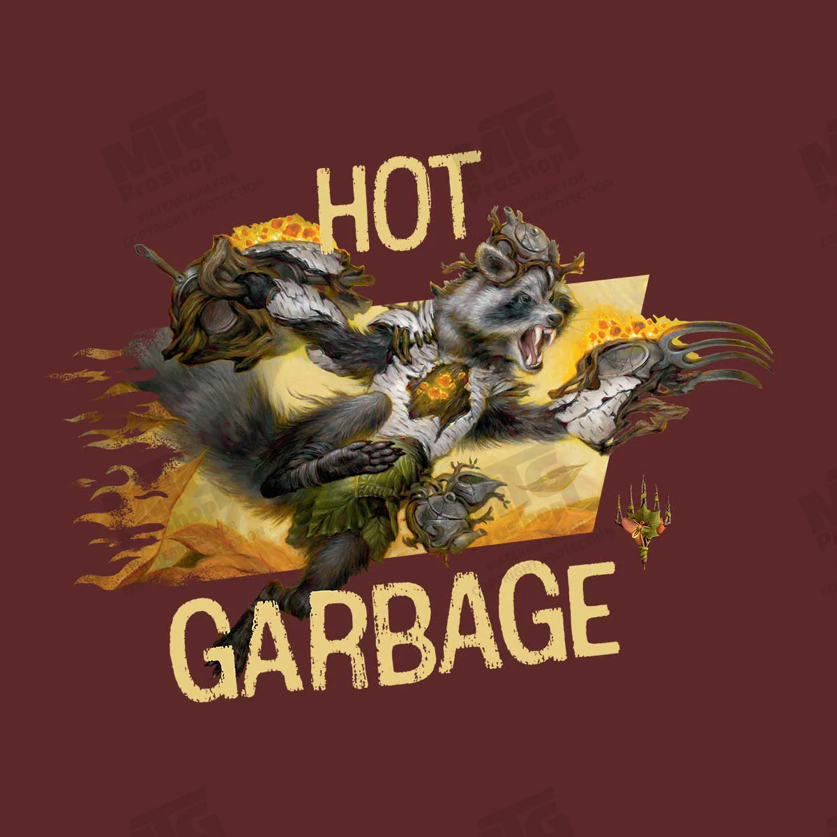 Bloomburrow Hot Garbage Printed Graphic Tee in Sangria Maroon for Magic: The Gathering - Image 2