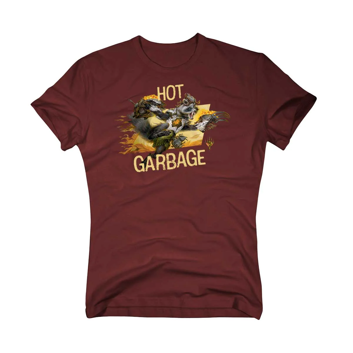 Bloomburrow Hot Garbage Printed Graphic Tee in Sangria Maroon for Magic: The Gathering - Image 4