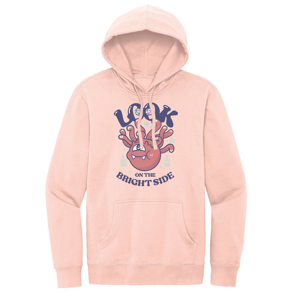 ñLook On The Bright Sideî Beholder Printed Pullover Hoodie in Rosewater Pink for Dungeons & Dragons 2024